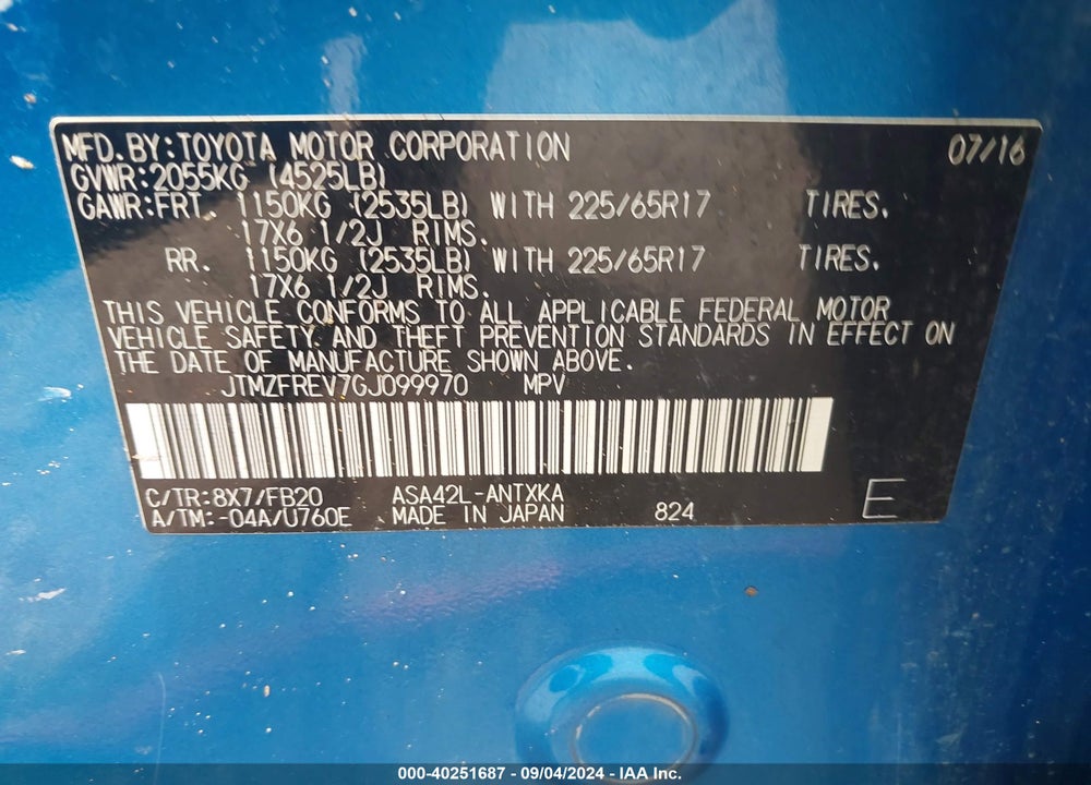 2016 TOYOTA RAV4 LE VIN: JTMZFREV7GJ099970