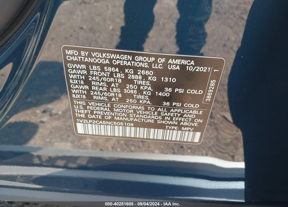 2022 VOLKSWAGEN ATLAS 2.0T SE VIN: 1V2LP2CA5NC505108