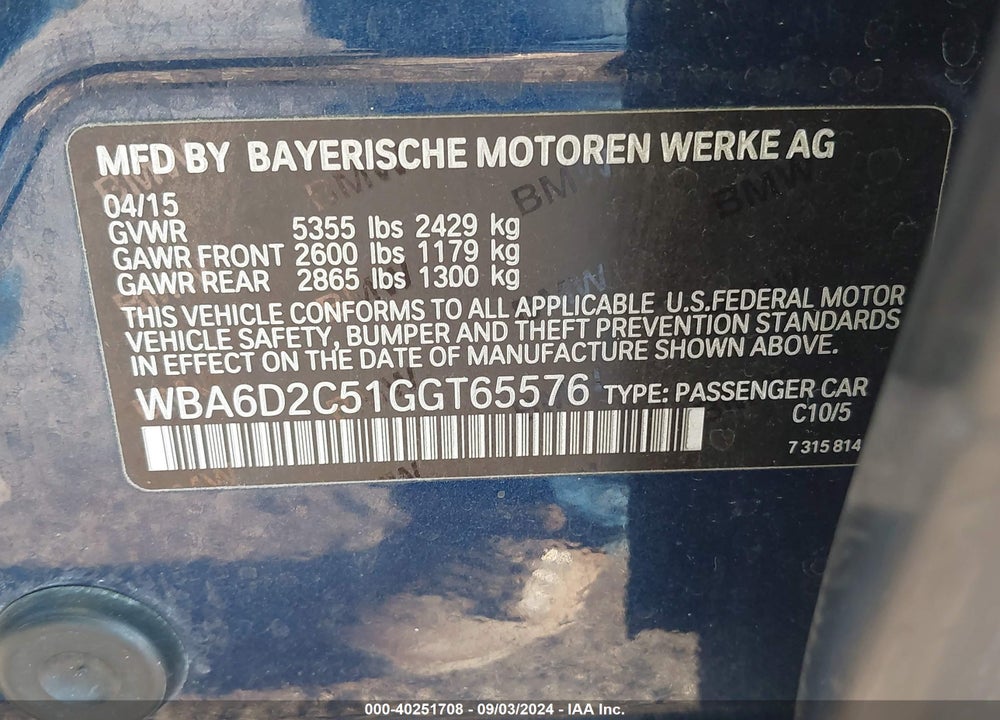 2016 BMW 640I GRAN COUPE XDRIVE VIN: WBA6D2C51GGT65576