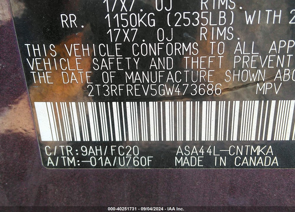 2016 TOYOTA RAV4 XLE VIN: 2T3RFREV5GW473686