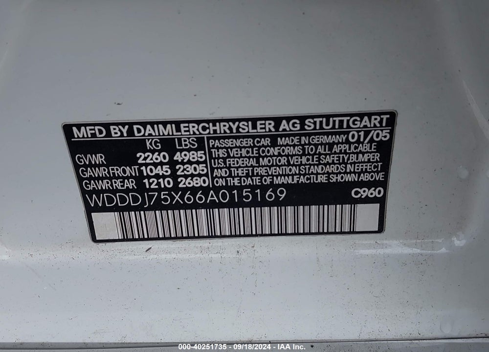 2006 MERCEDES-BENZ CLS 500 VIN: WDDDJ75X66A015169