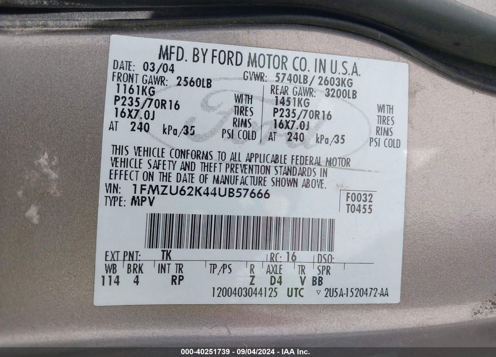 2004 FORD EXPLORER VIN: 1FMZU62K44UB57666