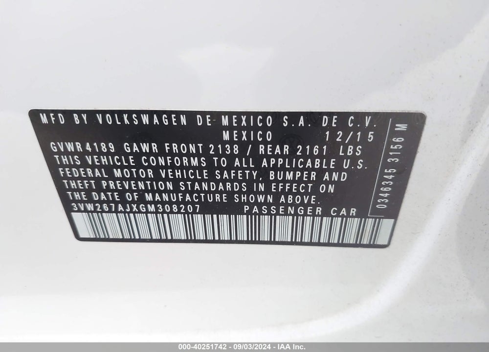 2016 VOLKSWAGEN JETTA 1.4T S VIN: 3VW267AJXGM308207