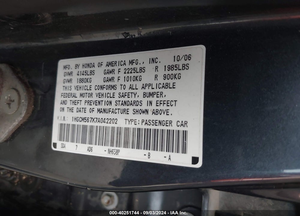 2007 HONDA ACCORD VIN: 1HGCM567X7A042202