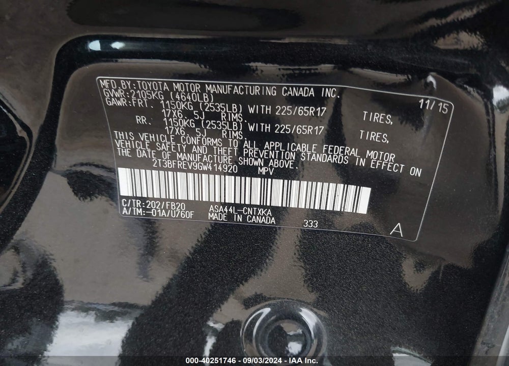 2016 TOYOTA RAV4 LE VIN: 2T3BFREV9GW414920