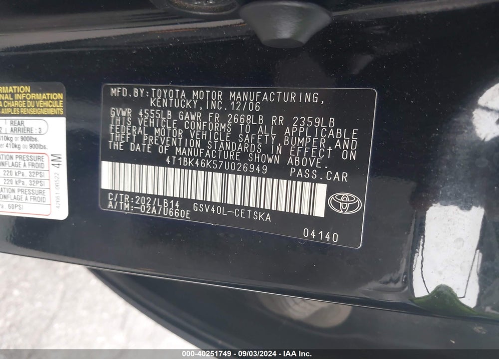 2007 TOYOTA CAMRY VIN: 4T1BK46K57U026949