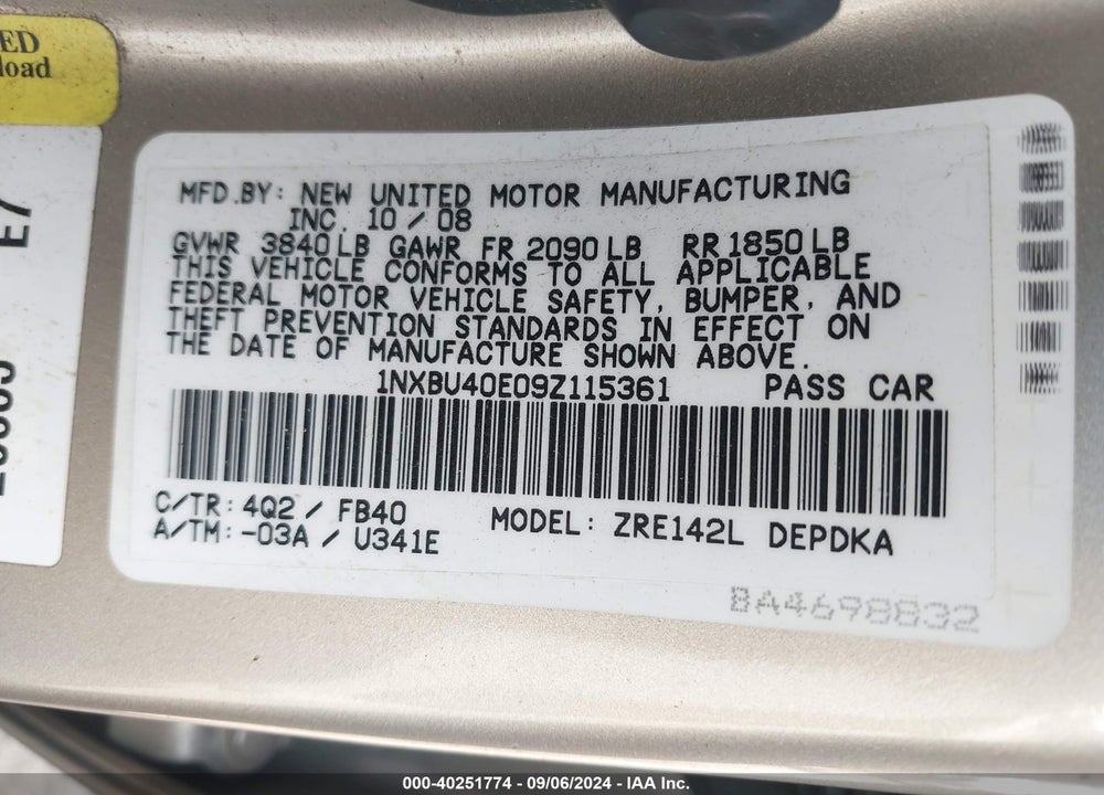 2009 TOYOTA COROLLA LE VIN: 1NXBU40E09Z115361