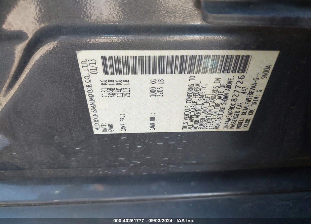 2013 NISSAN MAXIMA 3.5 SV VIN: 1N4AA5AP9DC827726