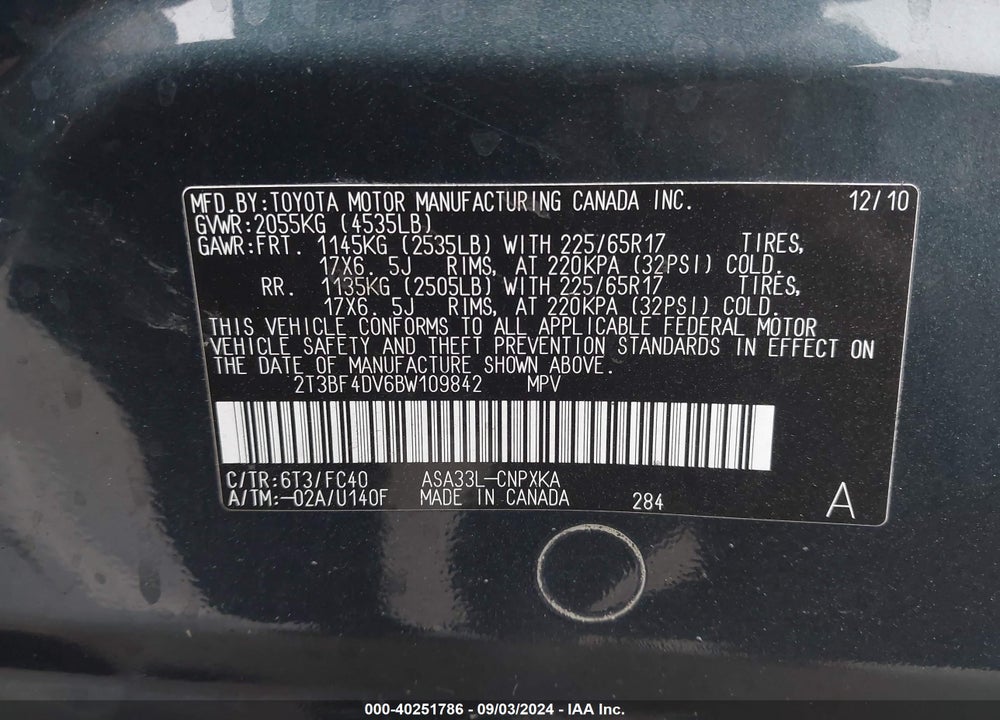 2011 TOYOTA RAV4 VIN: 2T3BF4DV6BW109842