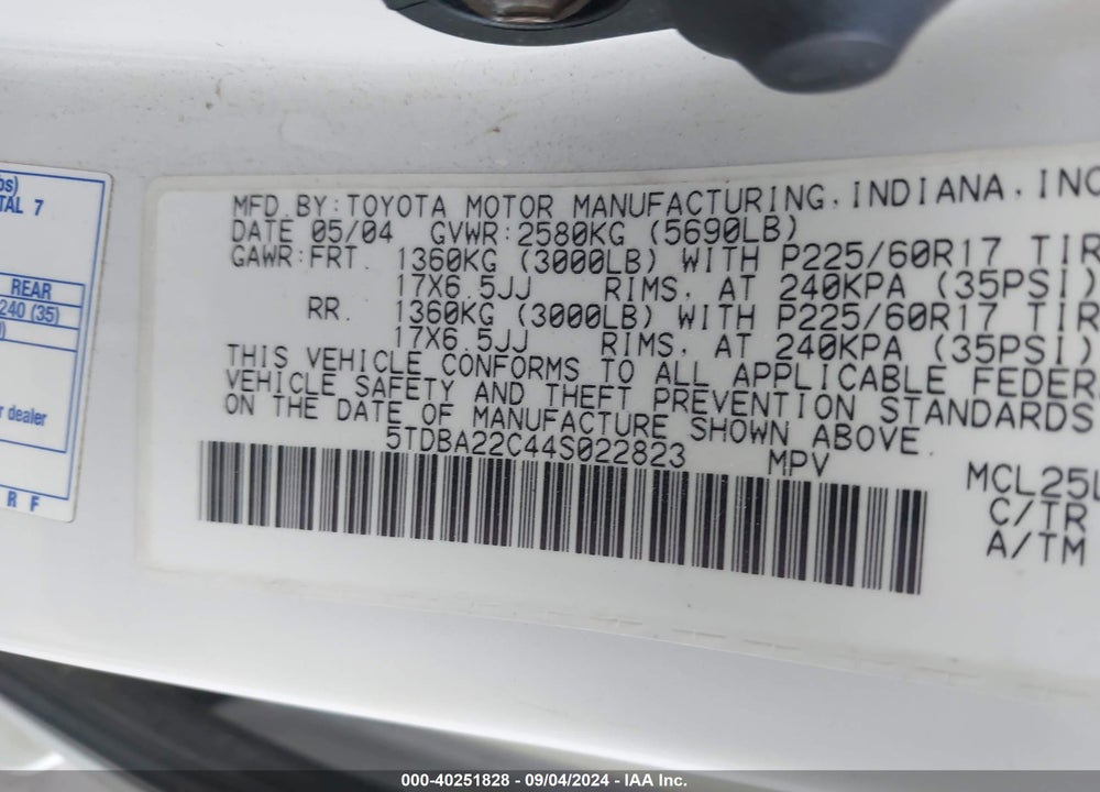 2004 TOYOTA SIENNA XLE LIMITED VIN: 5TDBA22C44S022823