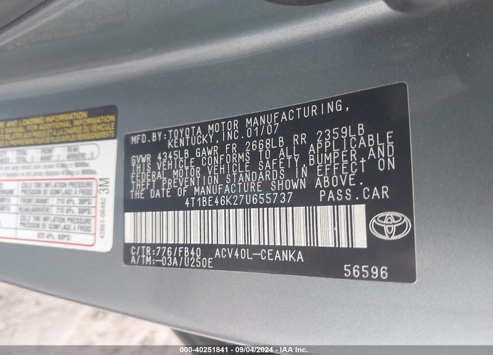 2007 TOYOTA CAMRY LE VIN: 4T1BE46K27U655737