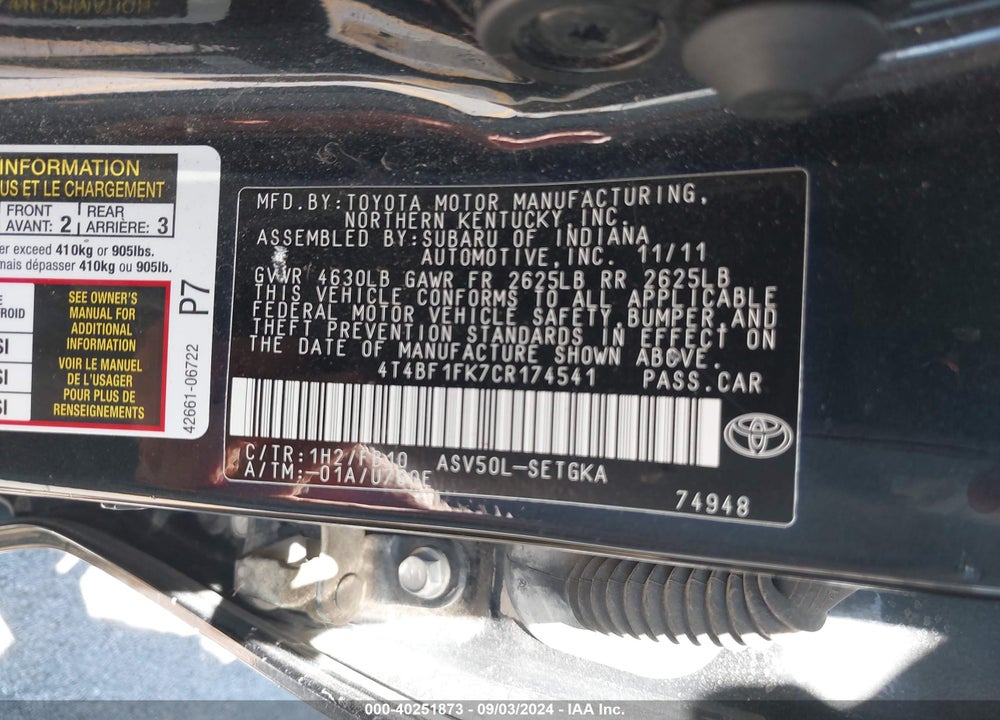 2012 TOYOTA CAMRY XLE VIN: 4T4BF1FK7CR174541