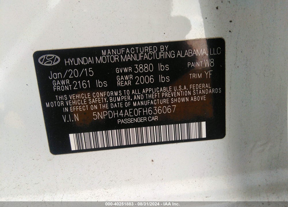 2015 HYUNDAI ELANTRA SE VIN: 5NPDH4AE0FH636067
