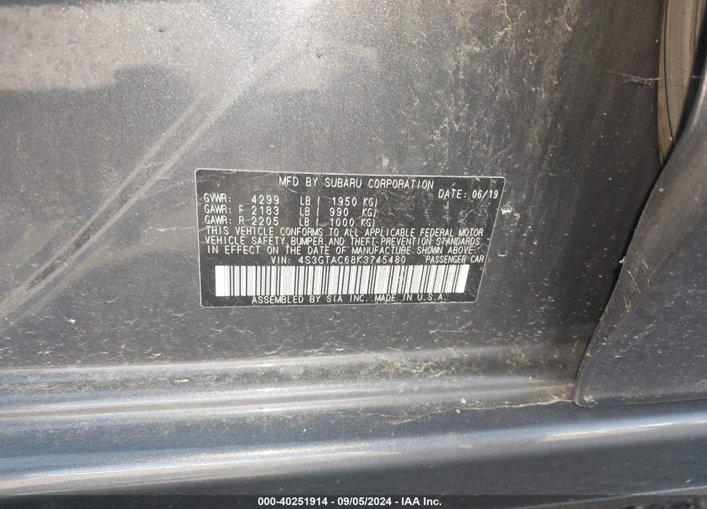 2019 SUBARU IMPREZA 2.0I PREMIUM VIN: 4S3GTAC68K3745480