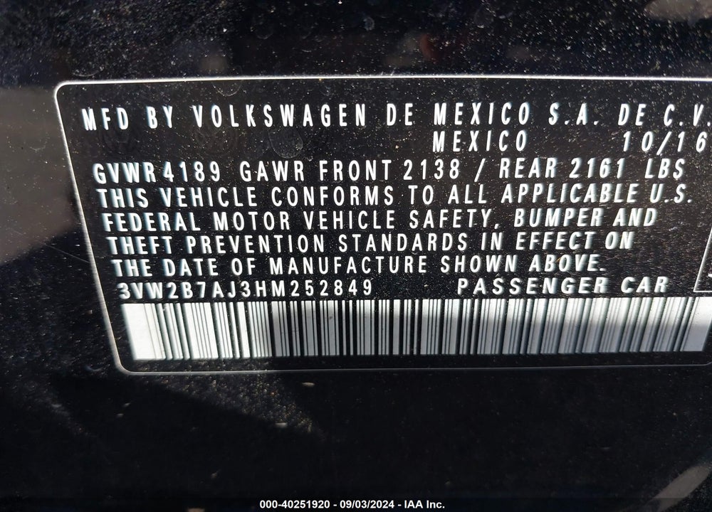 2017 VOLKSWAGEN JETTA 1.4T S VIN: 3VW2B7AJ3HM252849