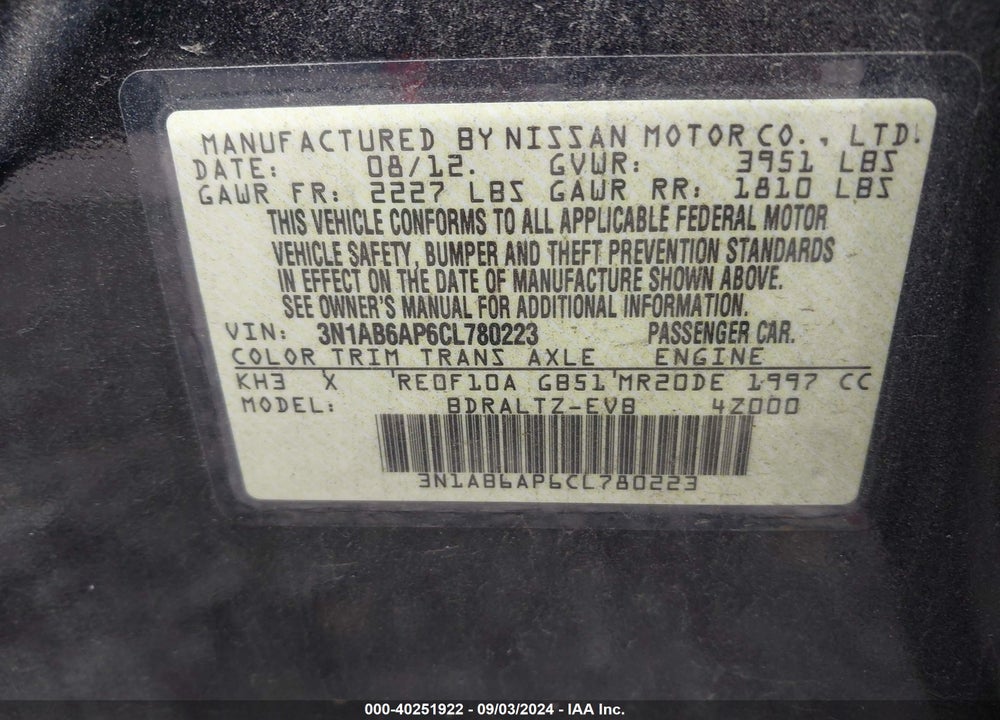 2012 NISSAN SENTRA 2.0 SR VIN: 3N1AB6AP6CL780223