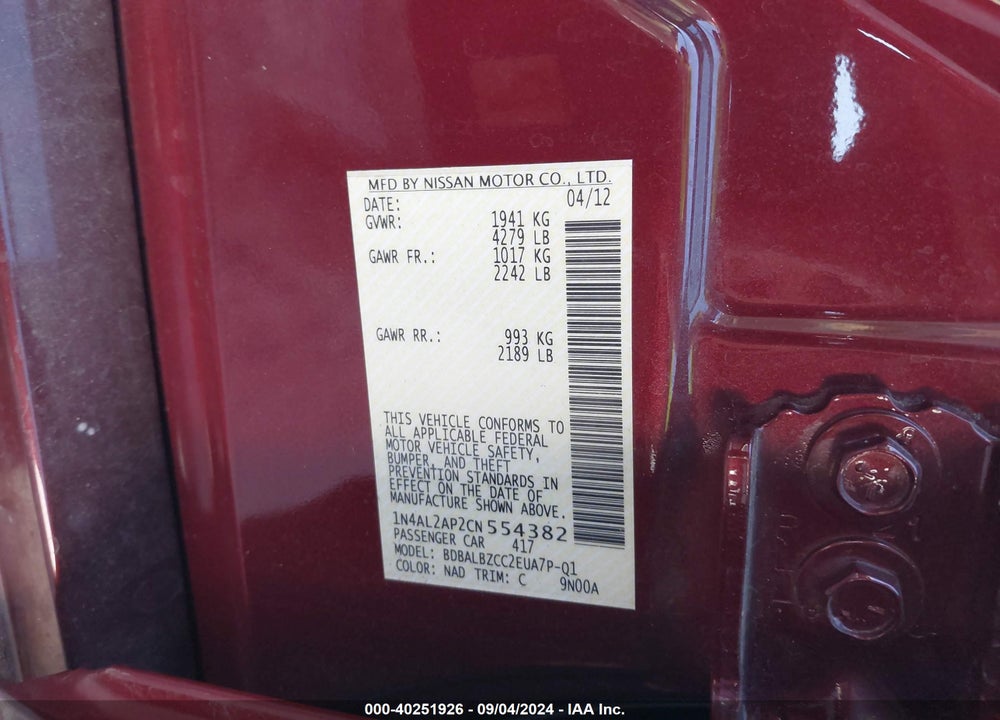 2012 NISSAN ALTIMA 2.5 S VIN: 1N4AL2AP2CN554382