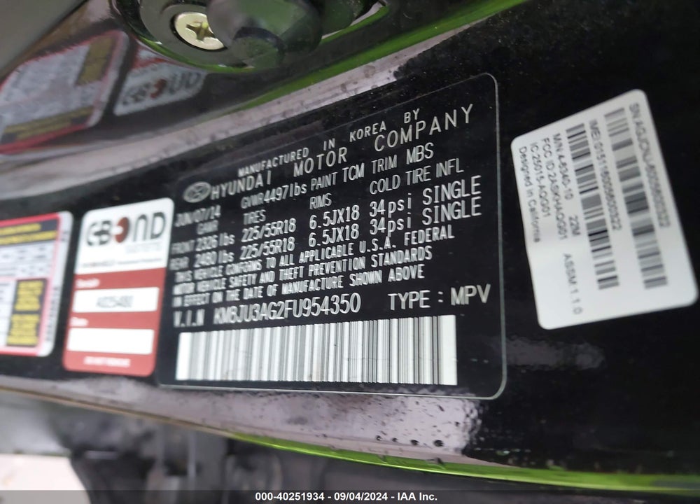 2015 HYUNDAI TUCSON LIMITED VIN: KM8JU3AG2FU954350