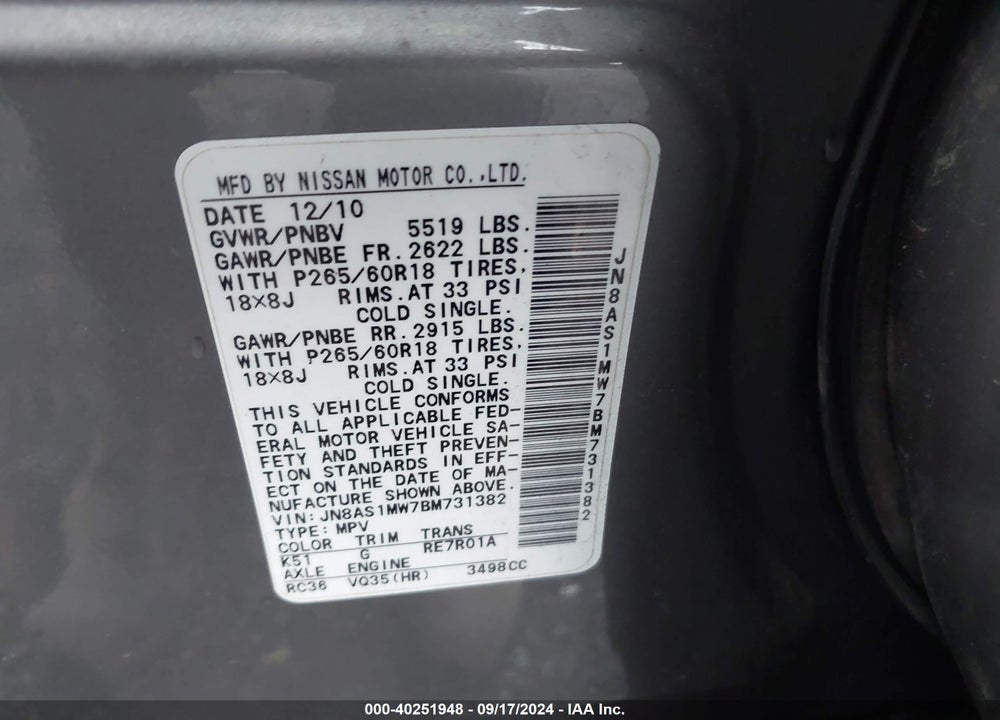 2011 INFINITI FX35 VIN: JN8AS1MW7BM731382