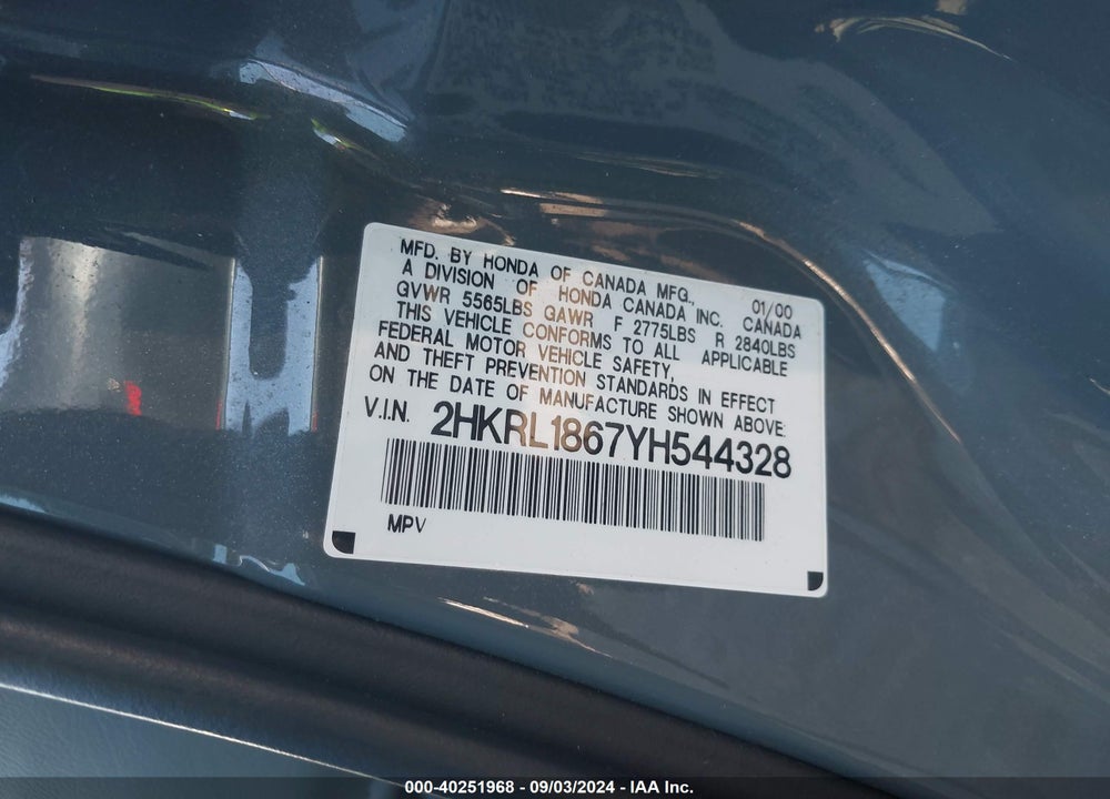 2000 HONDA ODYSSEY EX VIN: 2HKRL1867YH544328