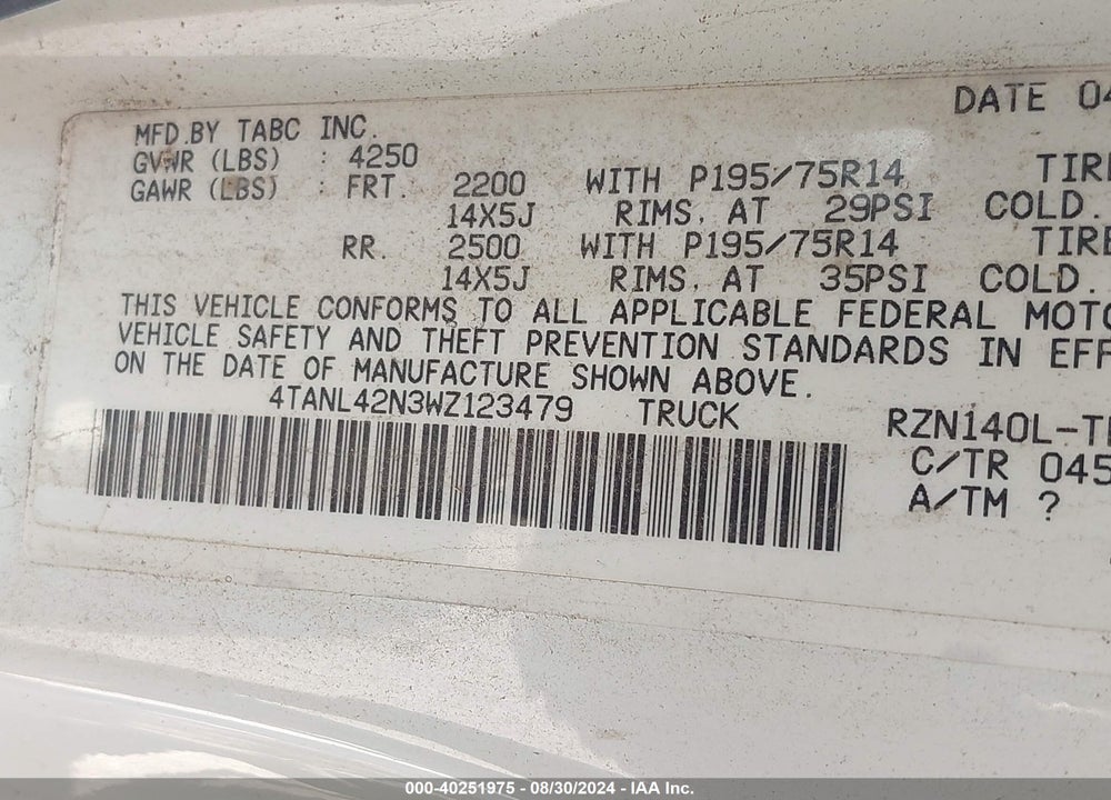 1998 TOYOTA TACOMA VIN: 4TANL42N3WZ123479