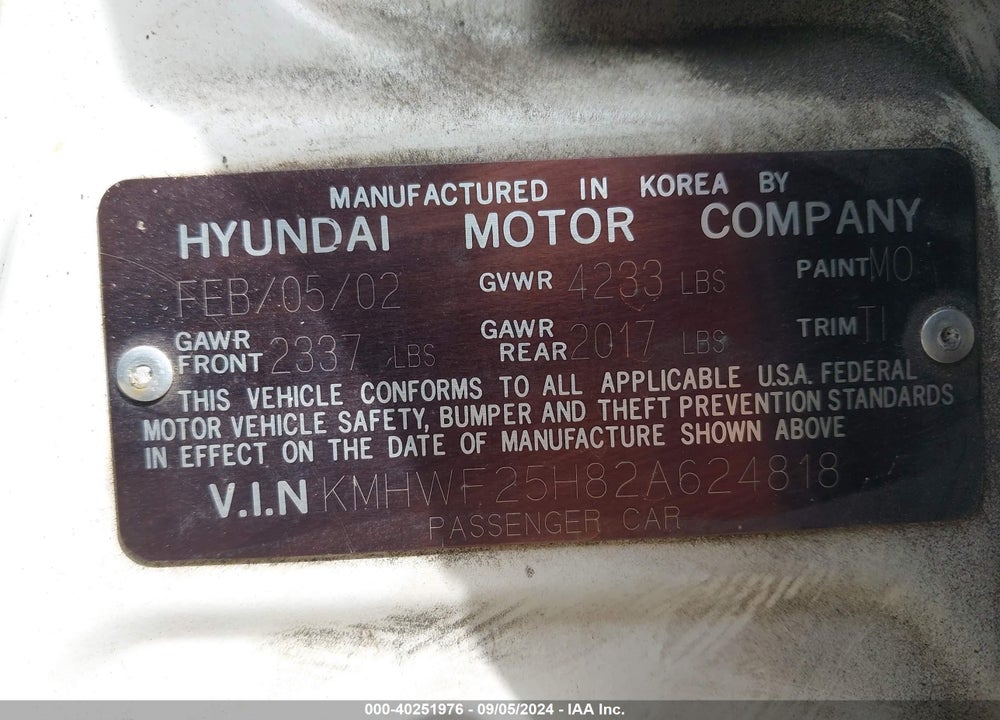2002 HYUNDAI SONATA GLS VIN: KMHWF25H82A624818