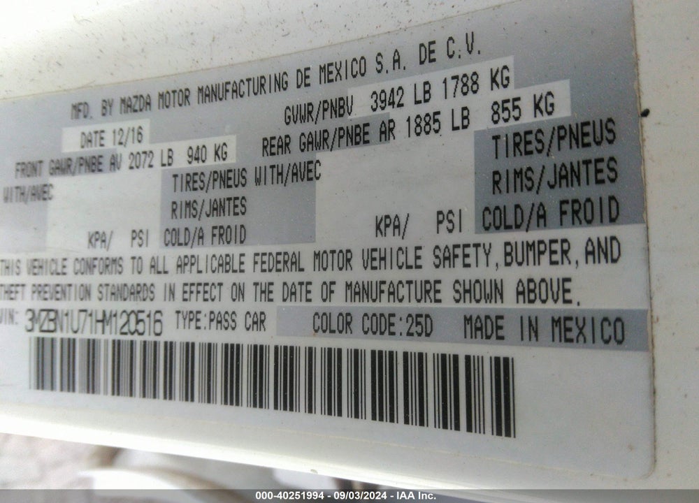 2017 MAZDA 3 VIN: 3MZBN1U71HM120516