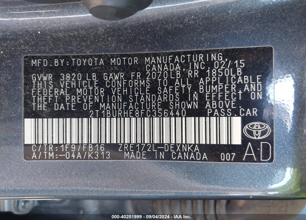 2015 TOYOTA COROLLA LE VIN: 2T1BURHE8FC356440