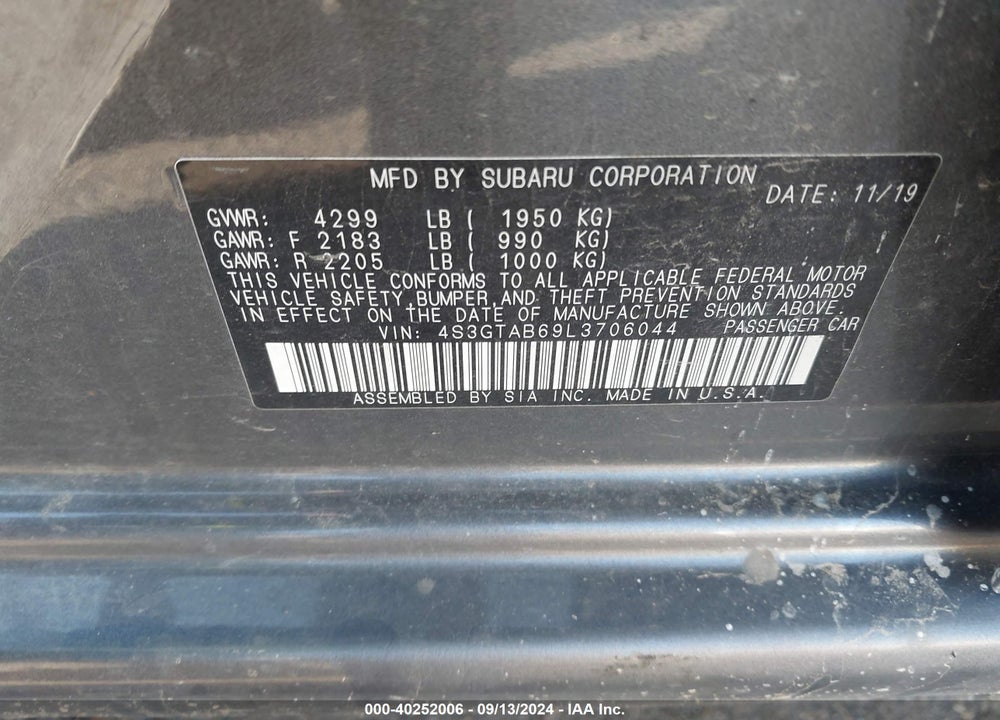 2020 SUBARU IMPREZA VIN: 4S3GTAB69L3706044