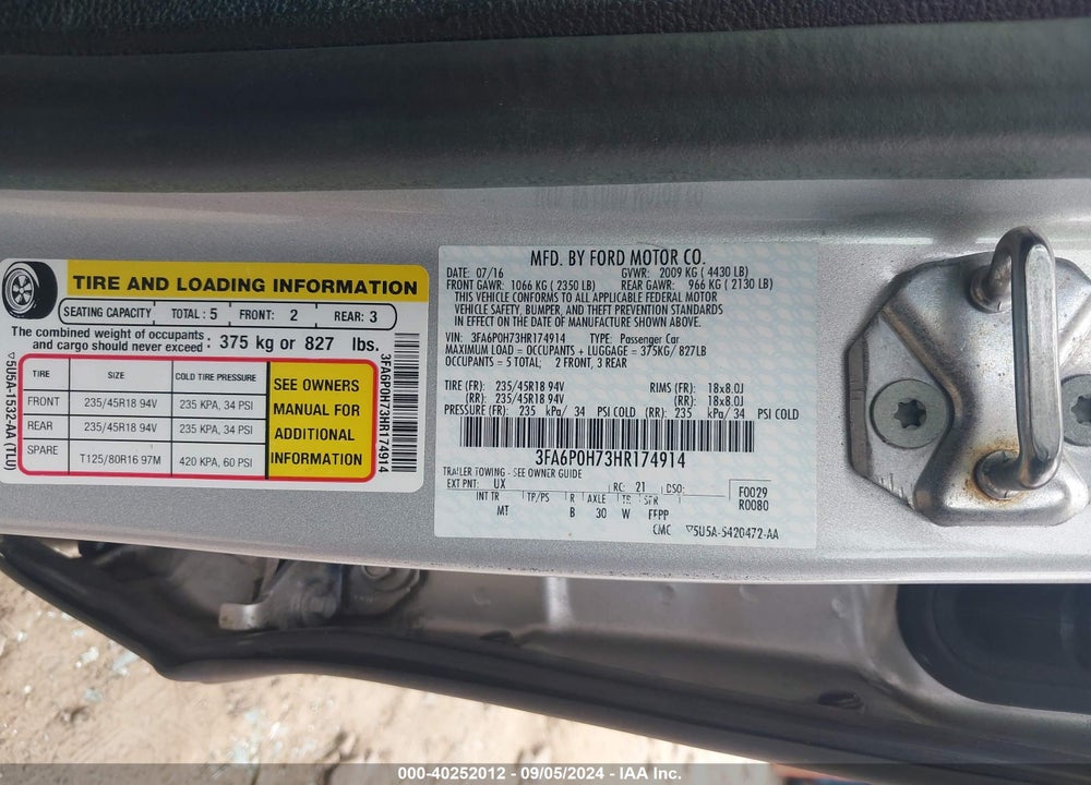 2017 FORD FUSION SE VIN: 3FA6P0H73HR174914
