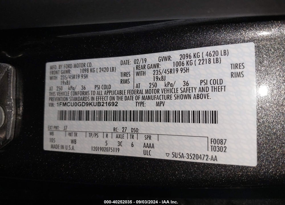 2019 FORD ESCAPE SE VIN: 1FMCU0GD9KUB21692