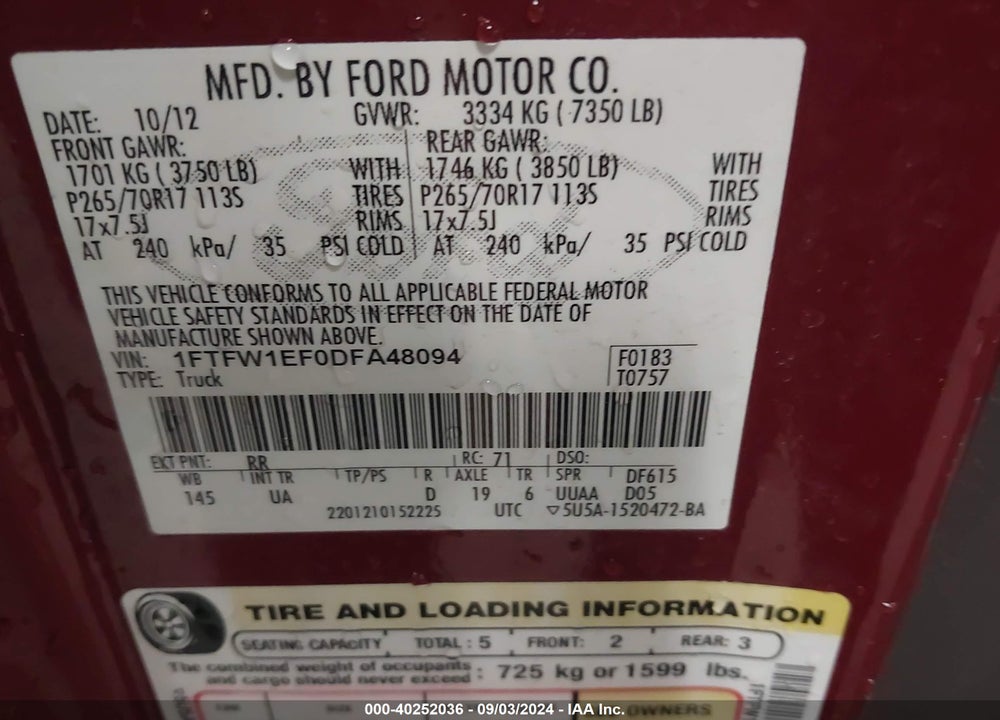 2013 FORD F-150 XLT VIN: 1FTFW1EF0DFA48094