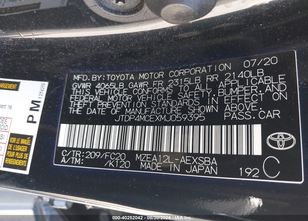 2021 TOYOTA COROLLA SE VIN: JTDP4MCEXMJ059395