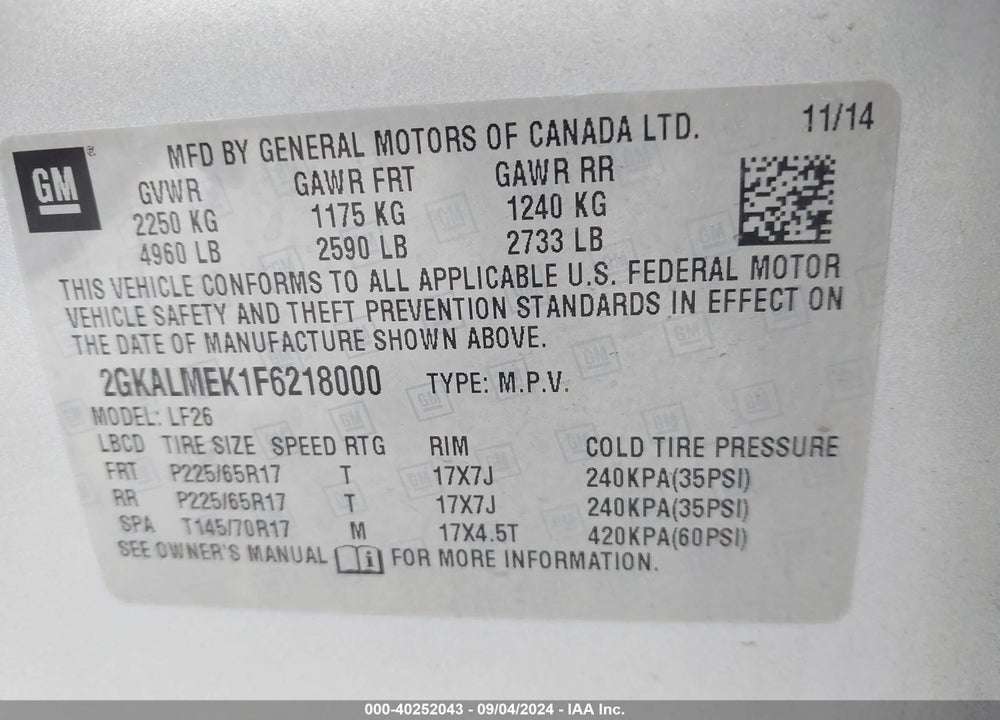 2015 GMC TERRAIN SLE-1 VIN: 2GKALMEK1F6218000