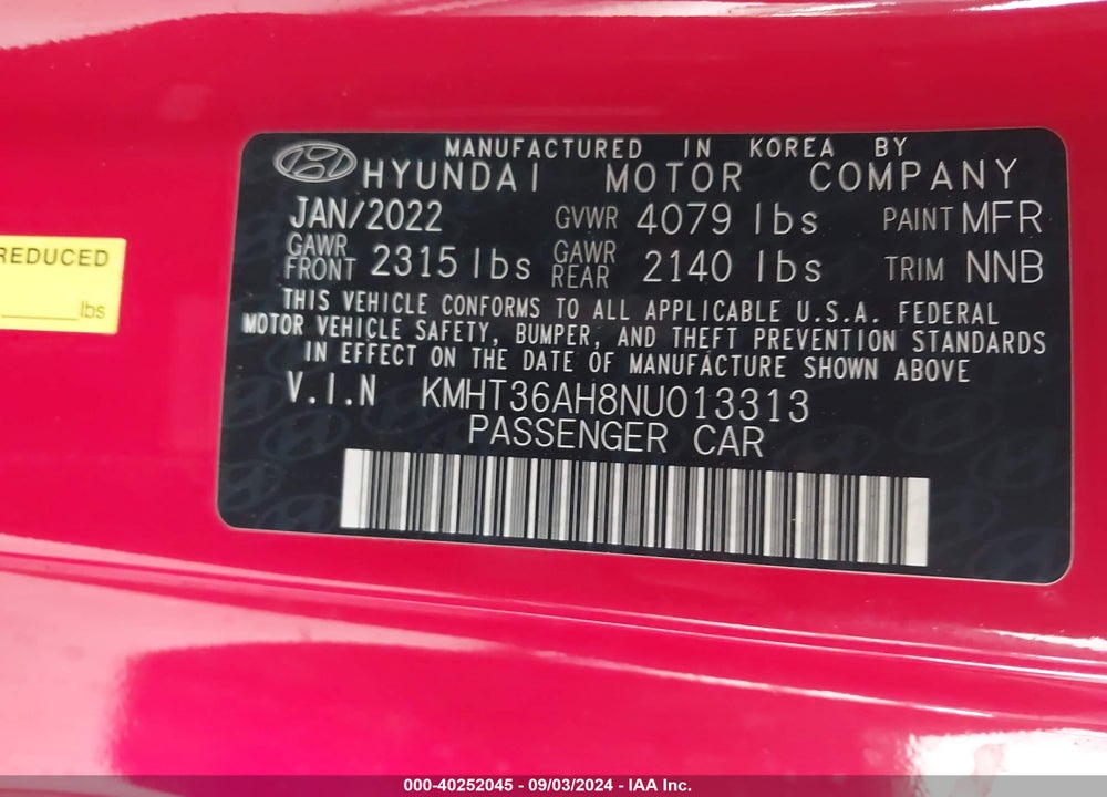 2022 HYUNDAI VELOSTER N VIN: KMHT36AH8NU013313