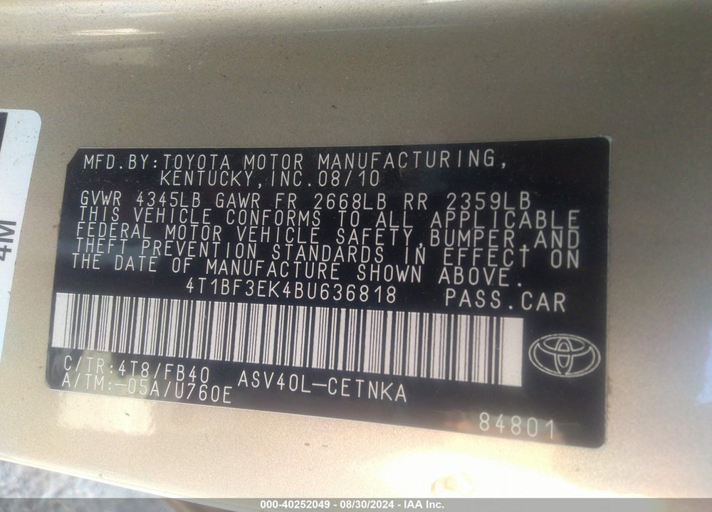 2011 TOYOTA CAMRY LE VIN: 4T1BF3EK4BU636818