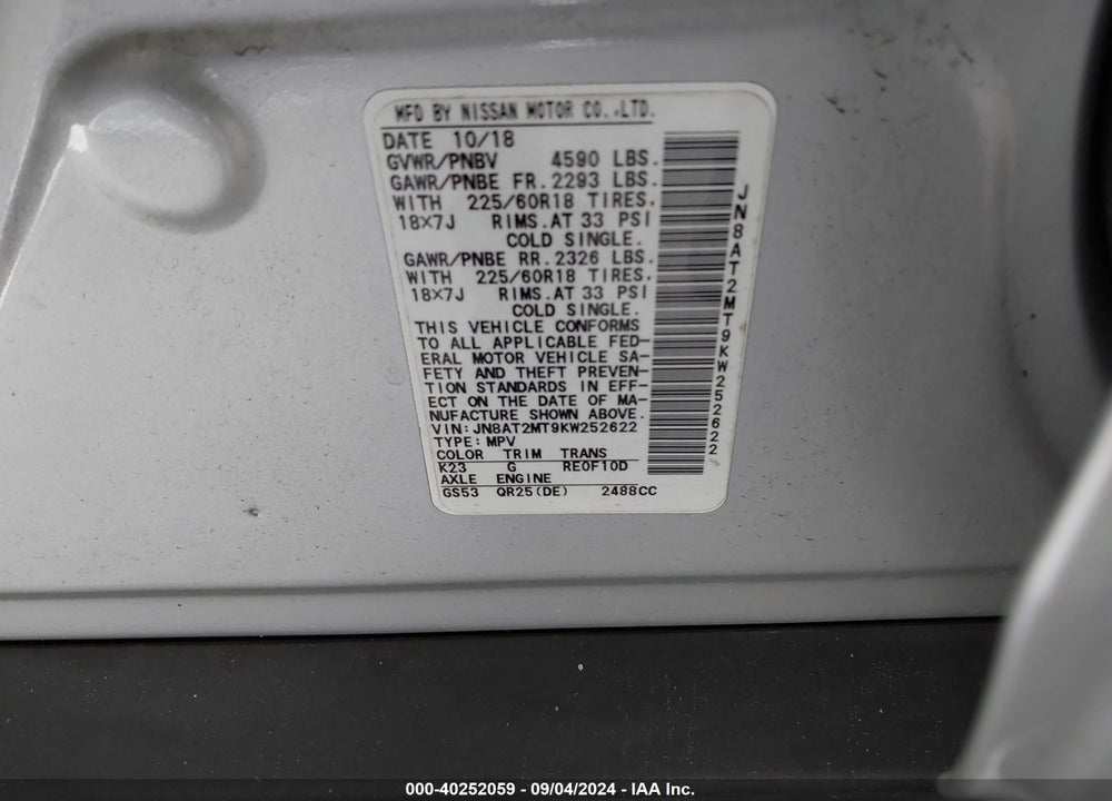 2019 NISSAN ROGUE SV VIN: JN8AT2MT9KW252622