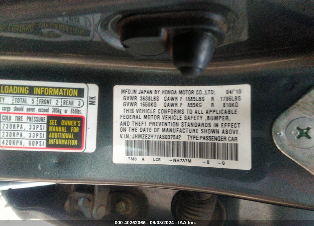2010 HONDA INSIGHT VIN: JHMZE2H77AS037542