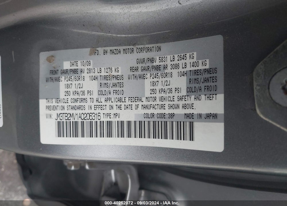 2010 MAZDA CX-9 TOURING VIN: JM3TB2MV1A0206316