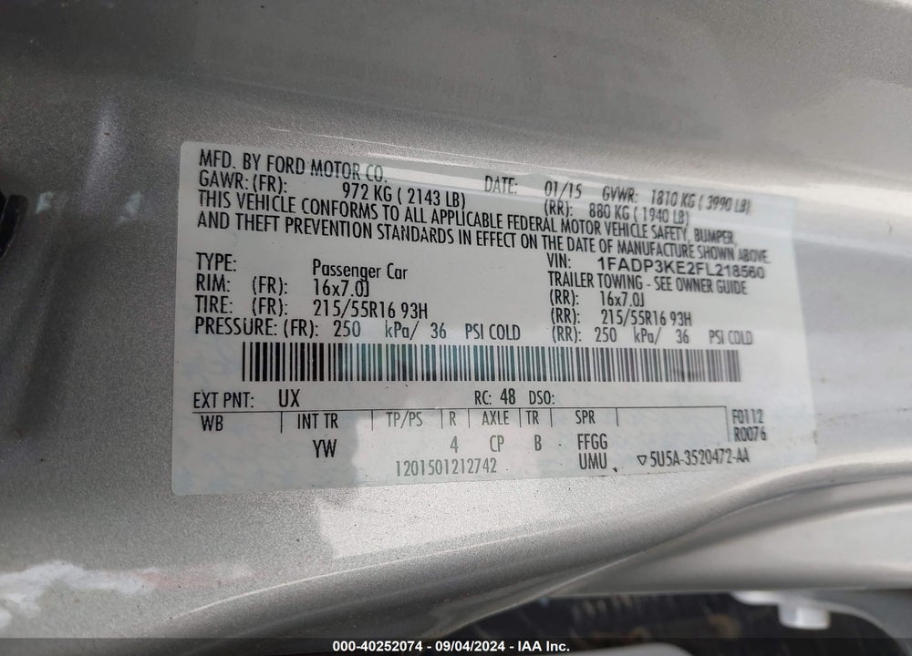 2015 FORD FOCUS SE VIN: 1FADP3KE2FL218560