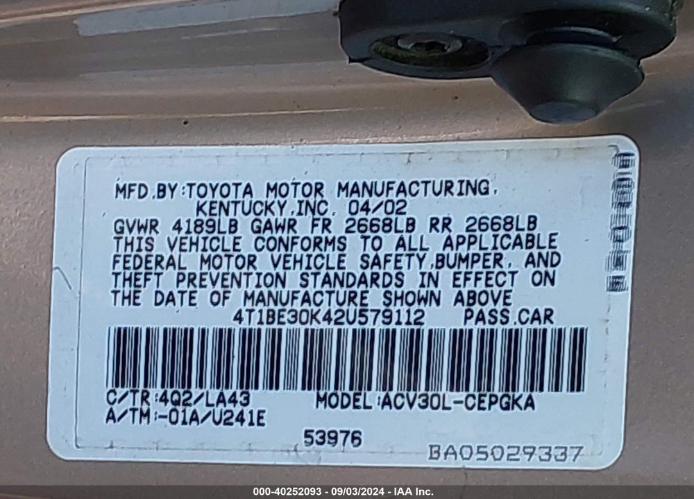 2002 TOYOTA CAMRY XLE VIN: 4T1BE30K42U579112