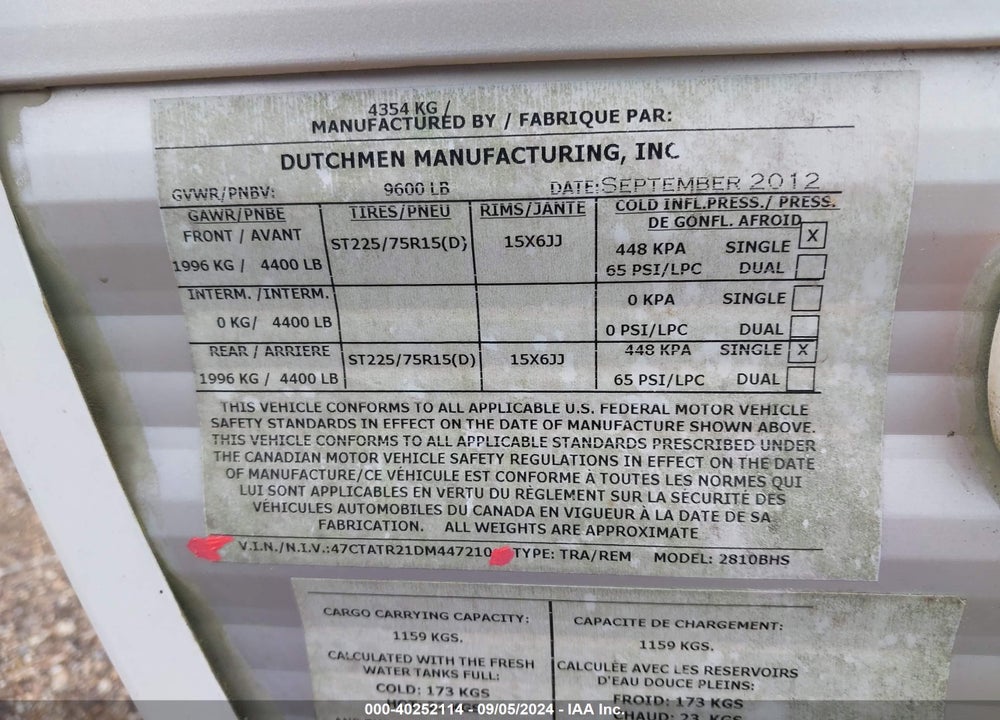 2013 DUTCHMAN OTHER VIN: 47CTATR21DM447210