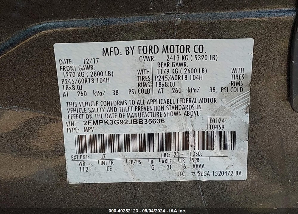 2018 FORD EDGE SE VIN: 2FMPK3G92JBB35636