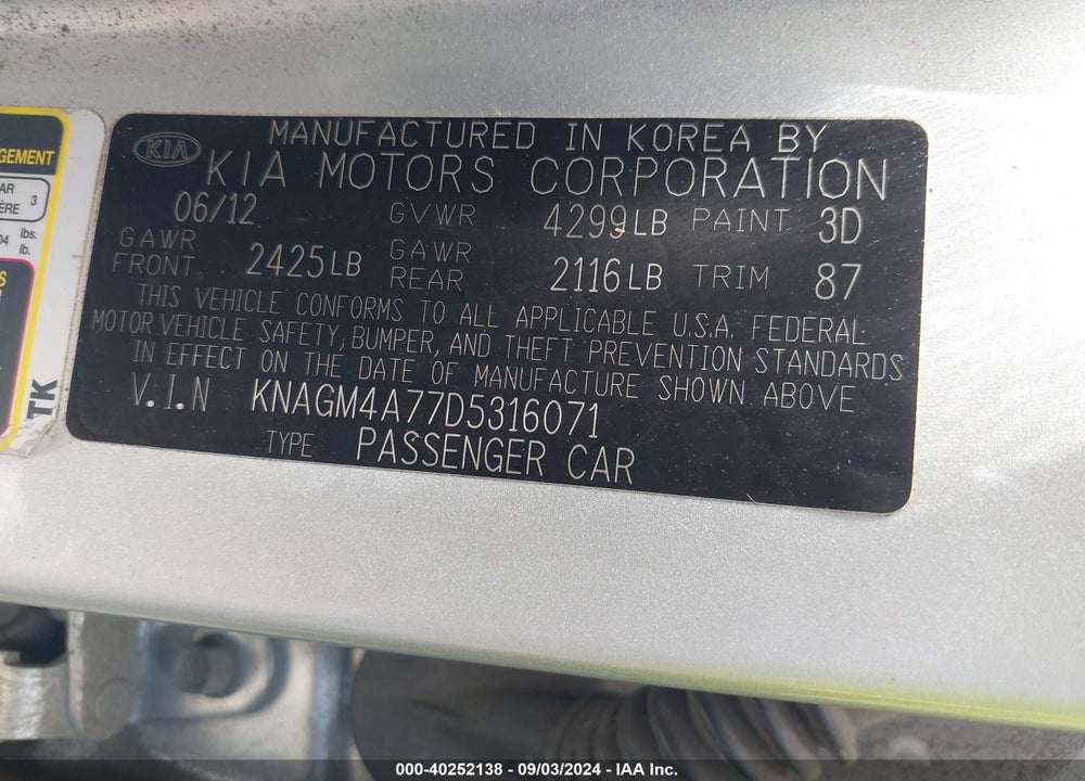 2013 KIA OPTIMA LX VIN: KNAGM4A77D5316071