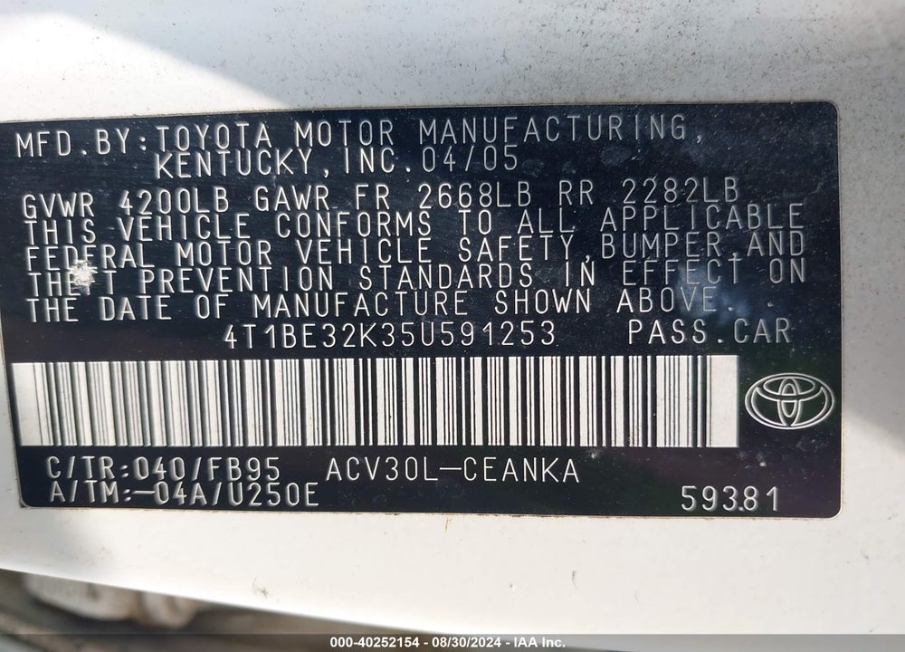 2005 TOYOTA CAMRY LE VIN: 4T1BE32K35U591253