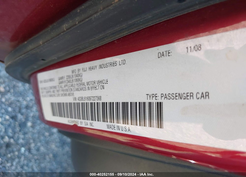 2009 SUBARU LEGACY 2.5I VIN: 4S3BL616097227568