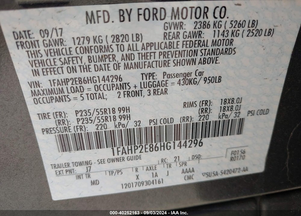 2017 FORD TAURUS SEL VIN: 1FAHP2E86HG144296