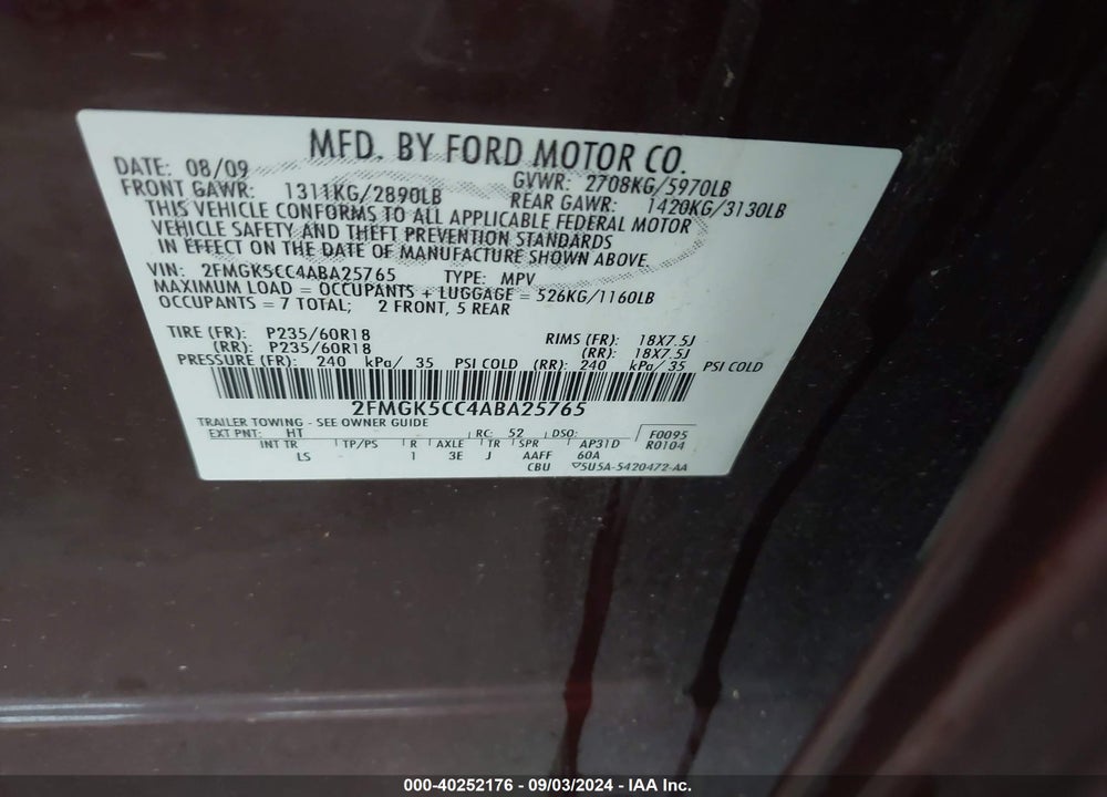 2010 FORD FLEX SEL VIN: 2FMGK5CC4ABA25765