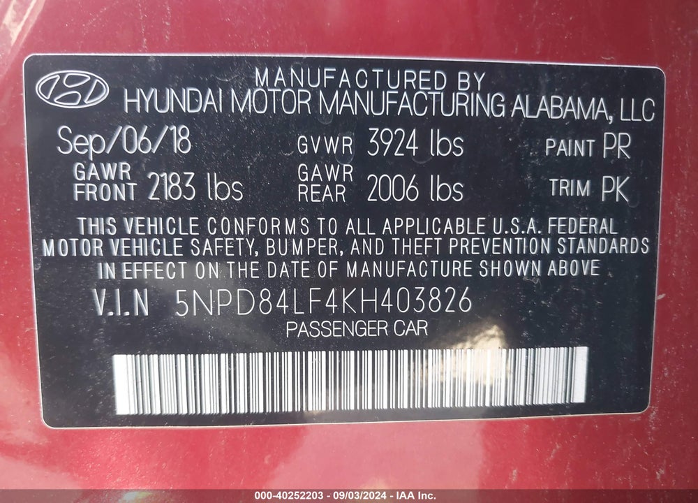 2019 HYUNDAI ELANTRA SEL VIN: 5NPD84LF4KH403826