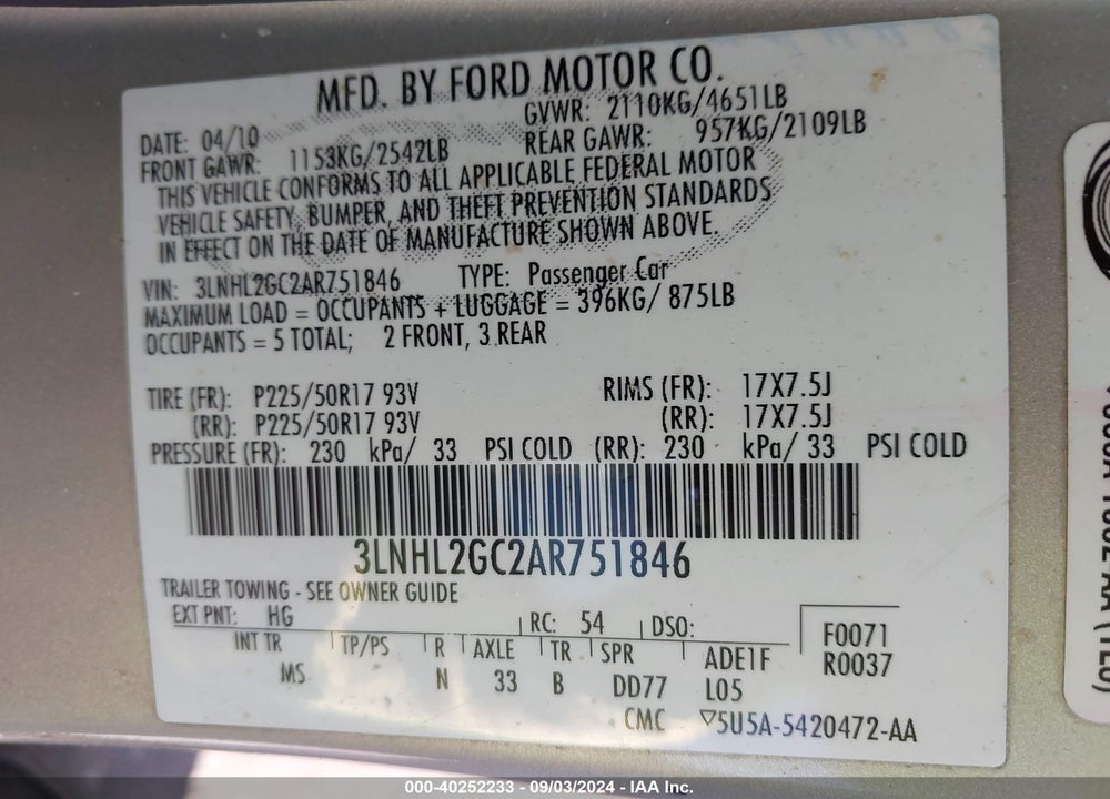 2010 LINCOLN MKZ VIN: 3LNHL2GC2AR751846